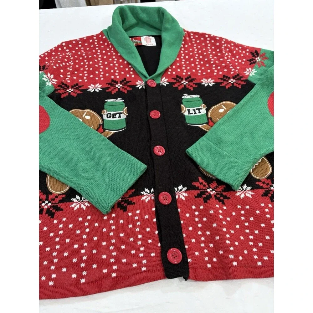Spencer's Workshop Gingerbread Men Ugly Christmas Sweater Cardigan Get Lit Sz L